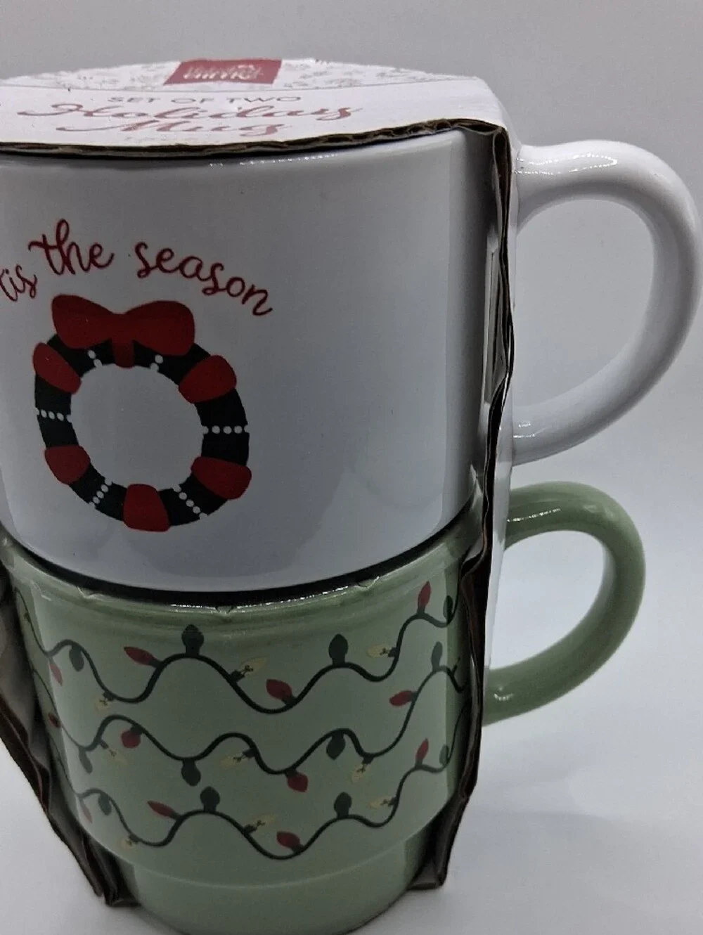Holiday Mug Set - 'Tis The Season White & Green Ceramic Duo